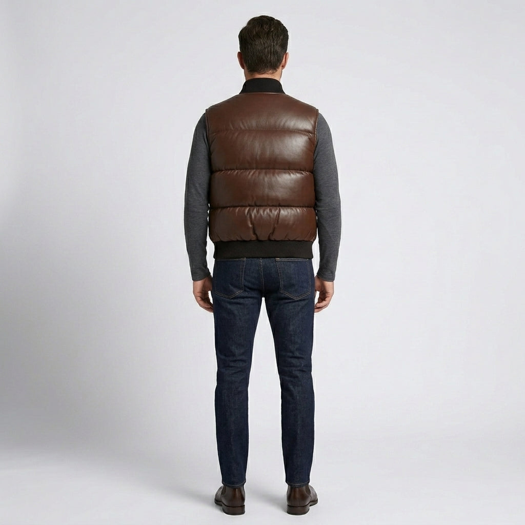 Brown Leather Puffer Vest for Men – Classic Warmth Edition