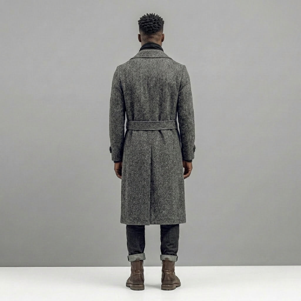 Men’s Manteco Herringbone Double Breasted Long Coat – Dark Gray Classic Fit