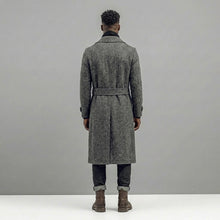 Load image into Gallery viewer, Men’s Manteco Herringbone Double Breasted Long Coat – Dark Gray Classic Fit

