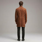 Men’s Vintage Brown Suede Trench Coat – Classic Button-Up Long Overcoat