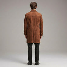 Load image into Gallery viewer, Men’s Vintage Brown Suede Trench Coat – Classic Button-Up Long Overcoat
