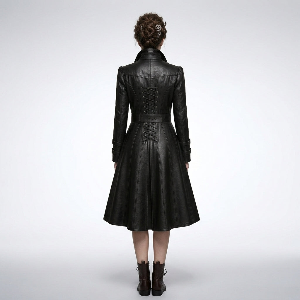 Women’s Black Gothic Victorian Leather Trench Coat – Elegant Long Statement Coat