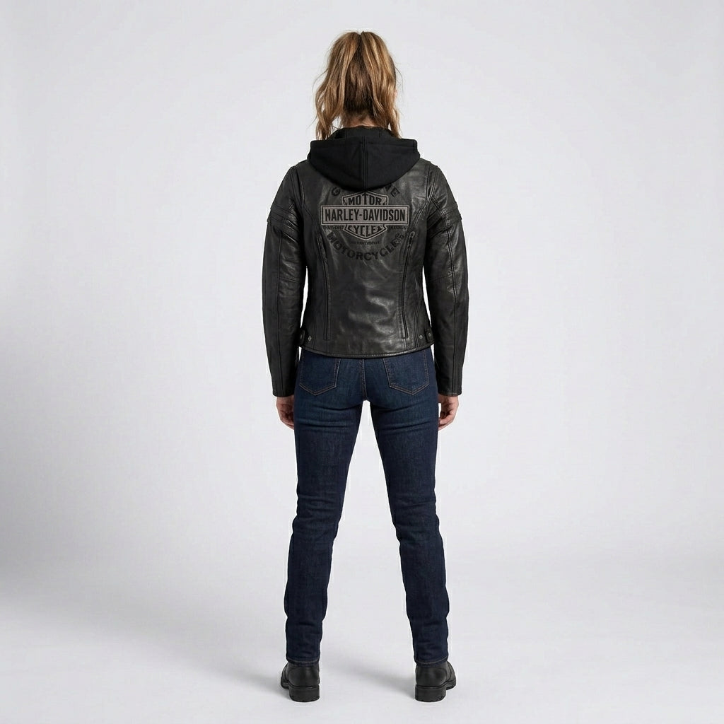 Women’s Scroll Skull 3-in-1 Leather Motorcycle Jacket – Harley Style Edition
