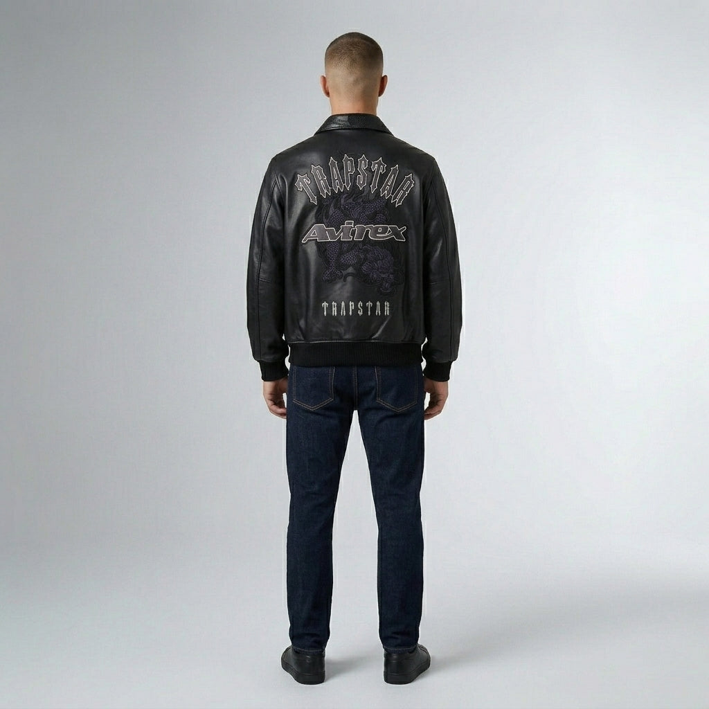 Men’s Street Collaboration Leather Bomber Jacket – Avirex Trap Style Edition