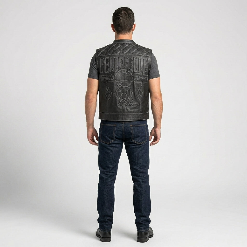 Men’s Black Embroidered Leather Vest – Pelle Pelle Urban Edition