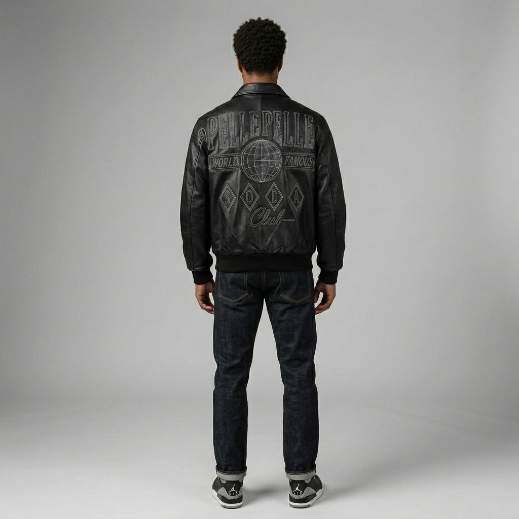 Men’s Embroidered Black Leather Jacket – Pelle Style Street Edition