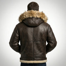 Laden Sie das Bild in den Galerie-Viewer, Men’s B-3 Hooded Sheepskin Bomber Leather Jacket – Premium Shearling Flight Coat
