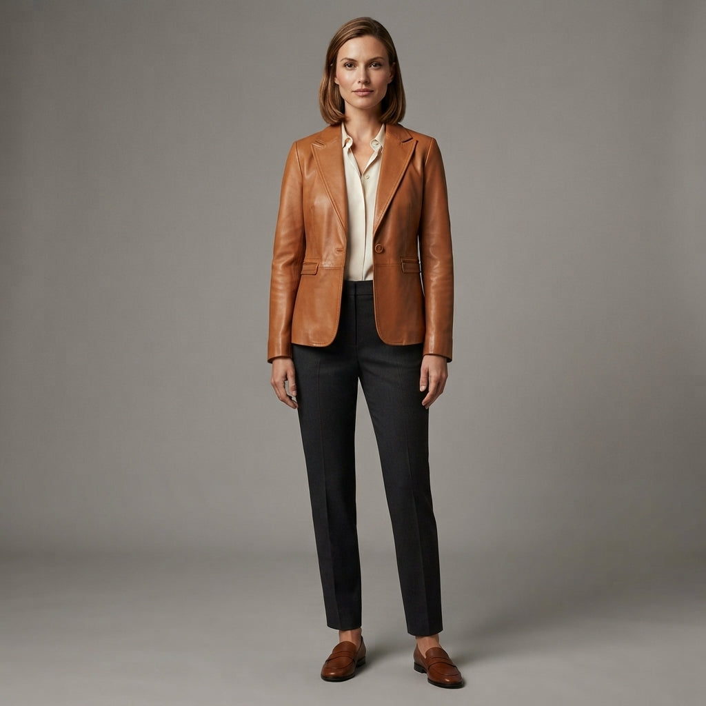 Women's Tan Brown  Leather Blazer