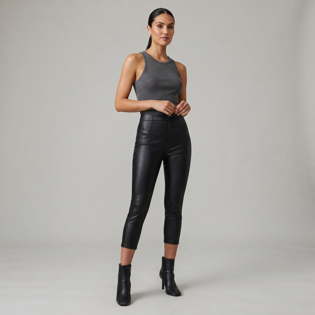 Women's Black  Leather Capri
