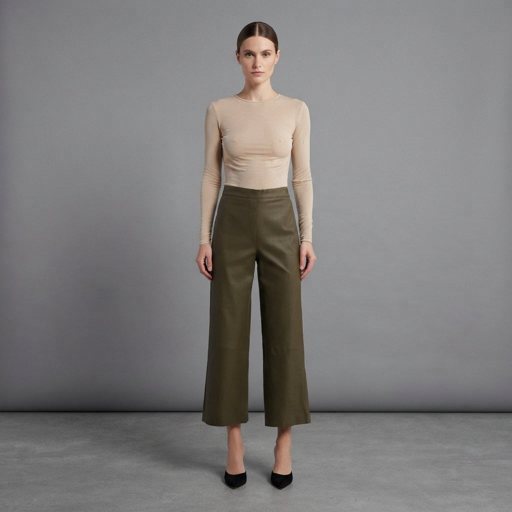 Women's Olive  Leather Capri