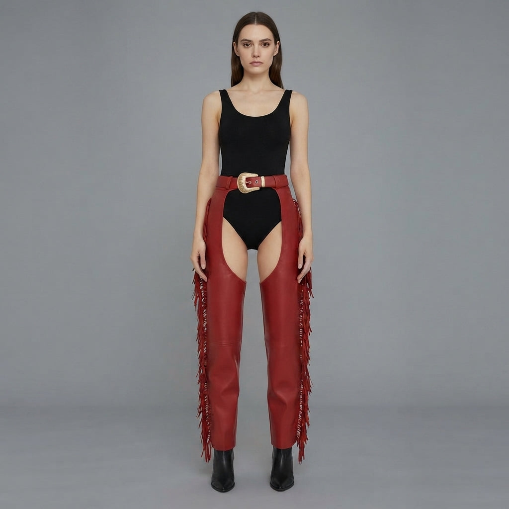 Women Black and RED  Leather Chaps
