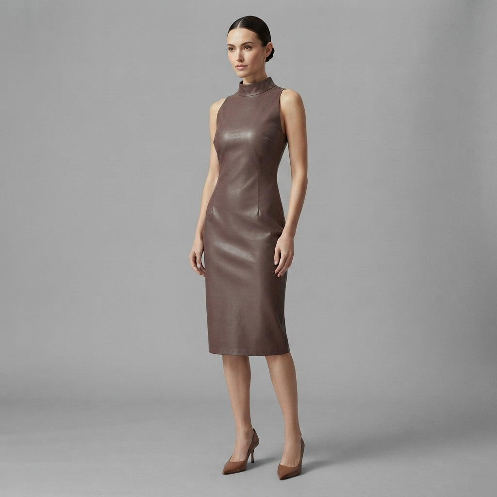 Buy Women's Brown Sleeveless Leather Dress