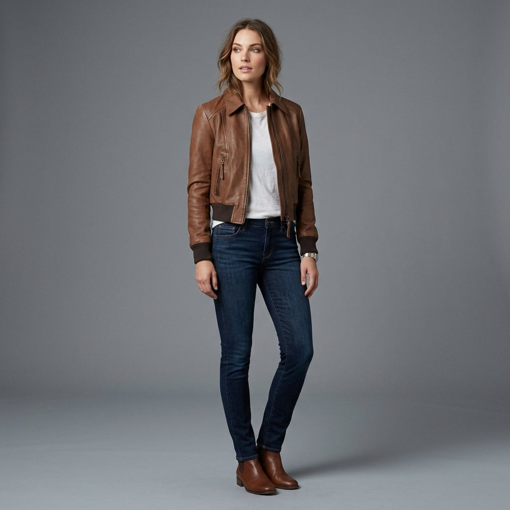 Women's brown leather aviator jacket with shirt collar and ribbed knit hem