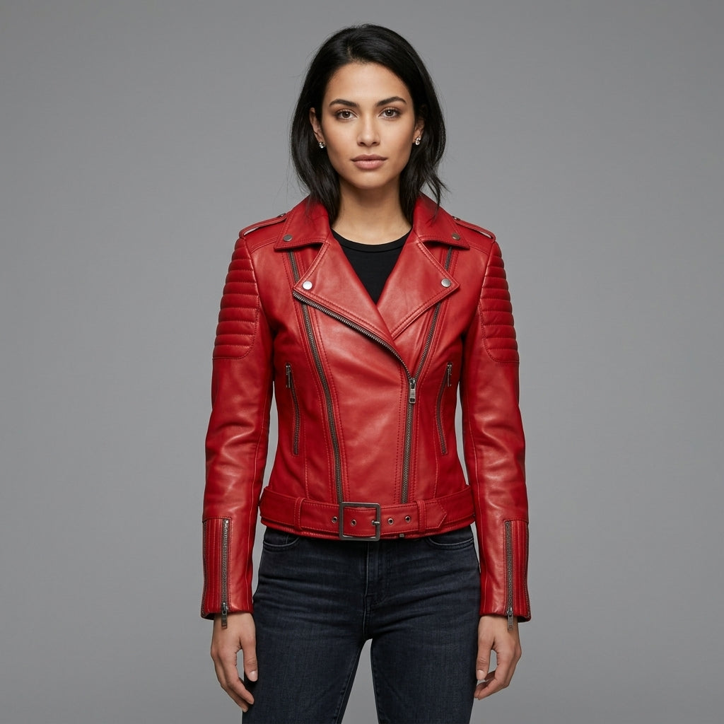 Women's bright red leather biker jacket with ribbed shoulder panels and angled zip