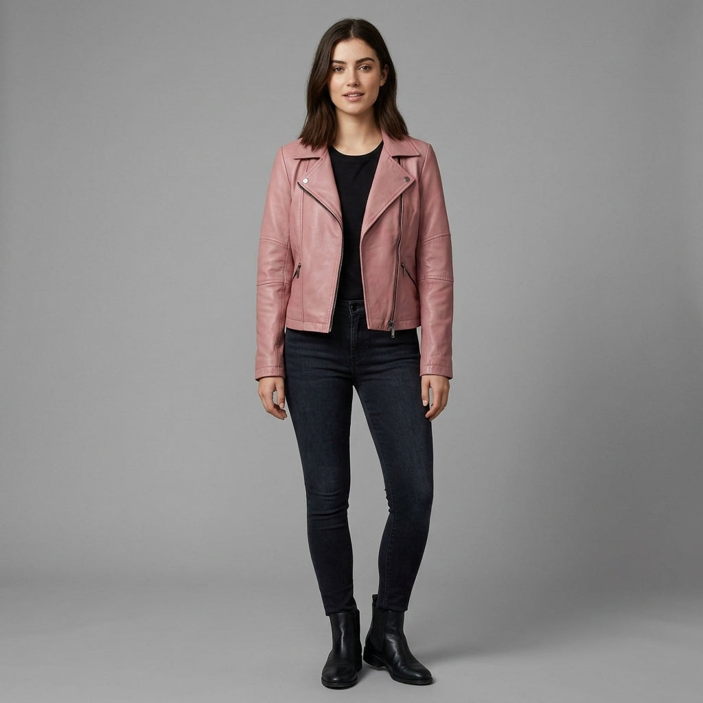 Women's pink leather moto jacket full view with notched lapels and angled zip