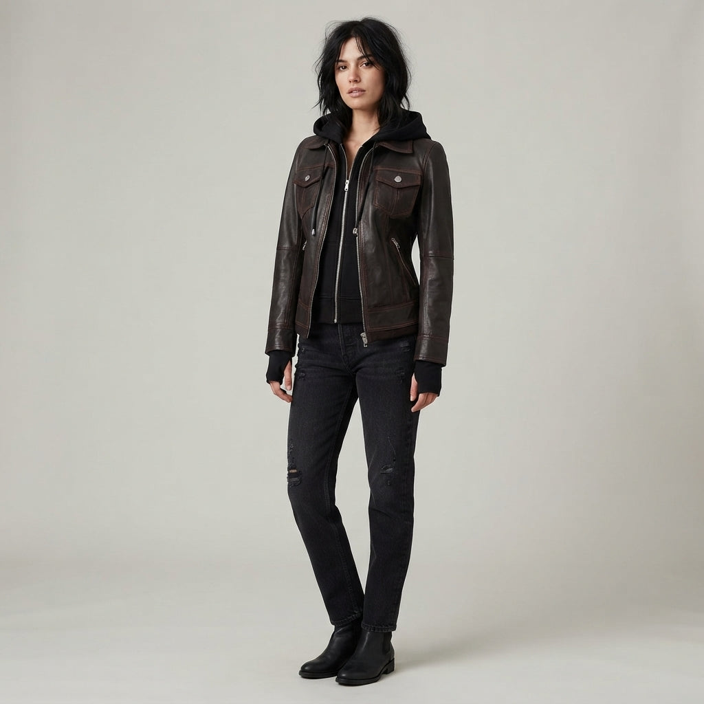 Women's  Black distressed Leather Jacket