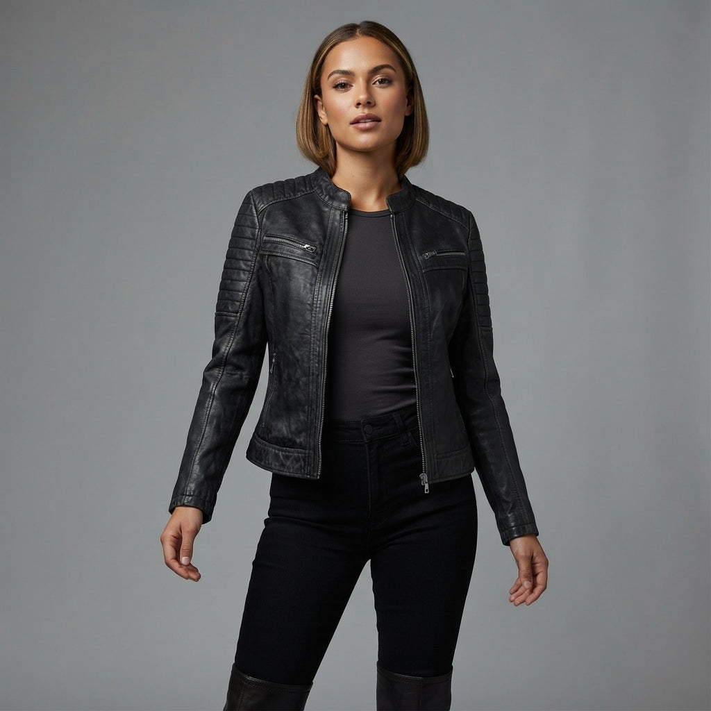Women's  Black distressed Leather Jacket