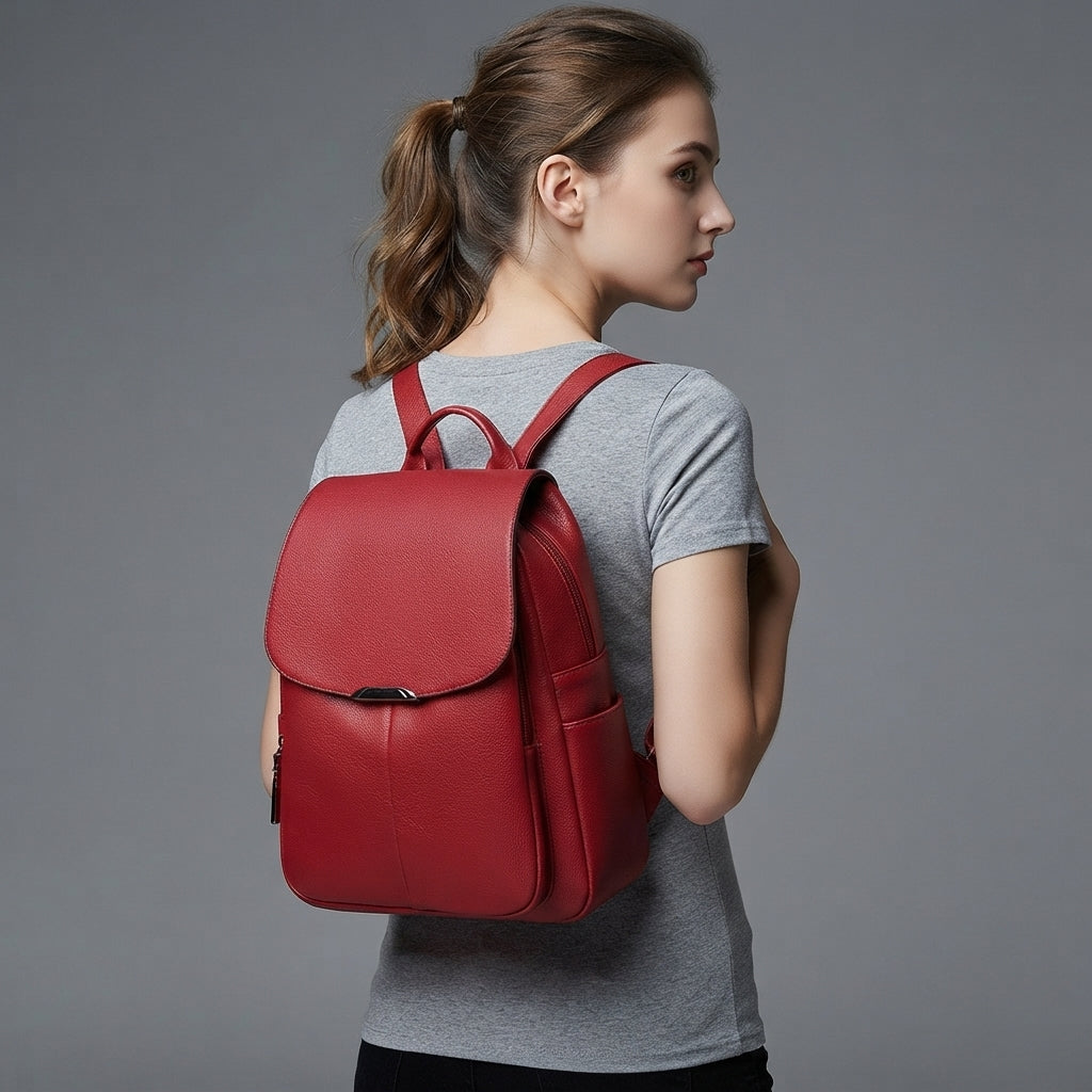 Women's Red Leather Backpack
