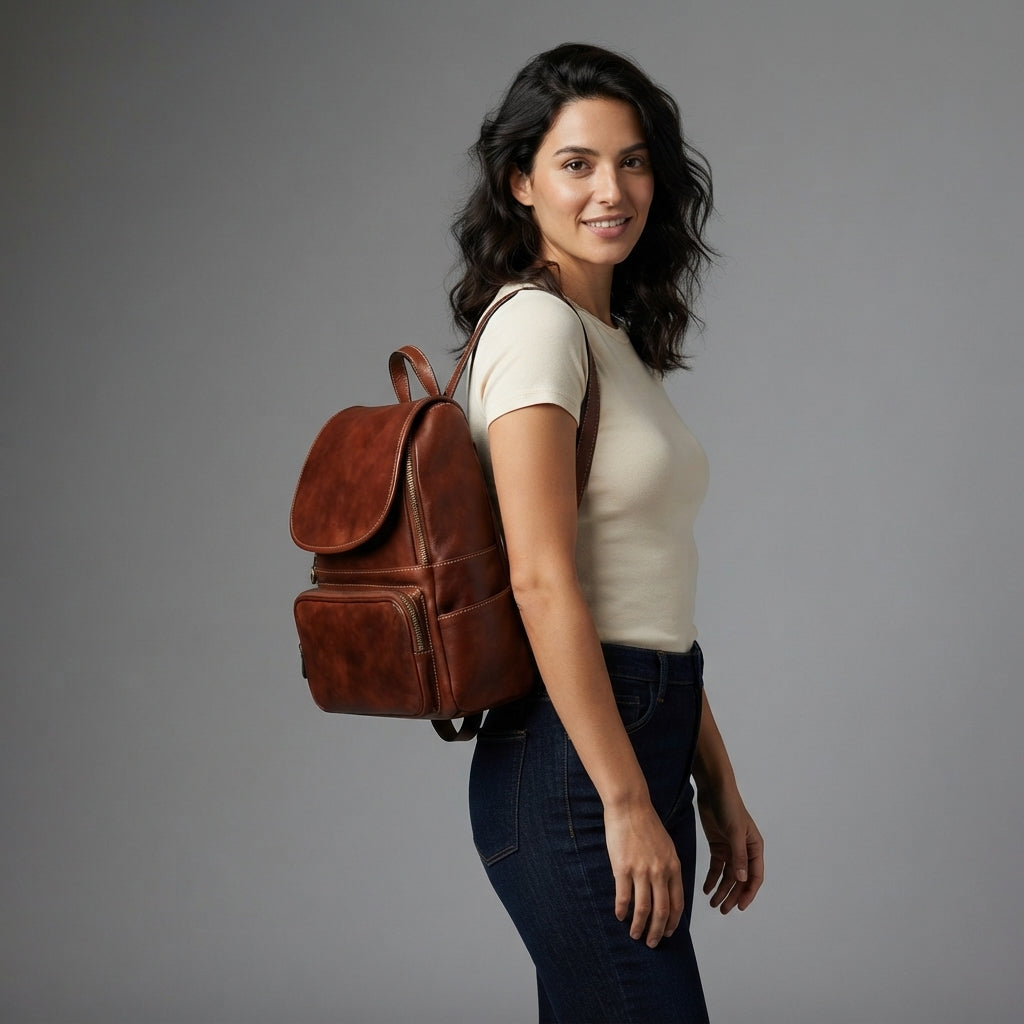 Women's Wooden Brown Leather Backpack