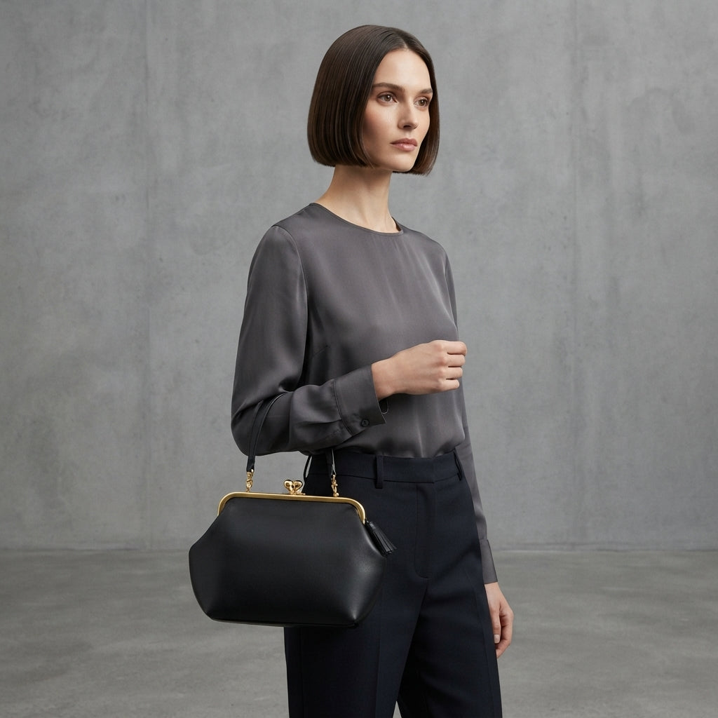 Women's Black  Leather Shoulder Bag with golden chain