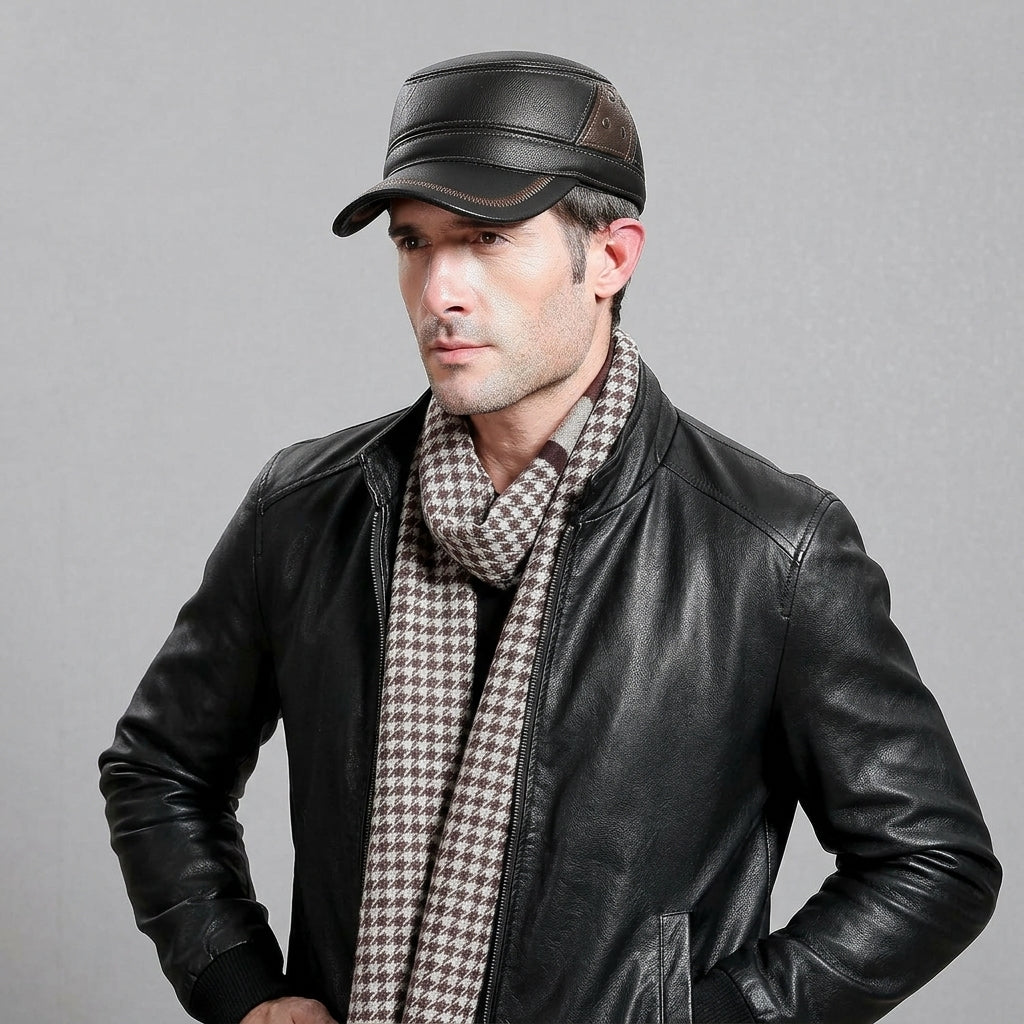 Men's Black Genuine Leather Winter Beret Hat