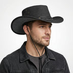 Men's Black  Leather Top Hat with Buffalo Nickel Band