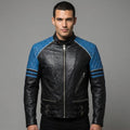 Handmade Men's Black With Blue Shoulder Genuine Leather Jacket