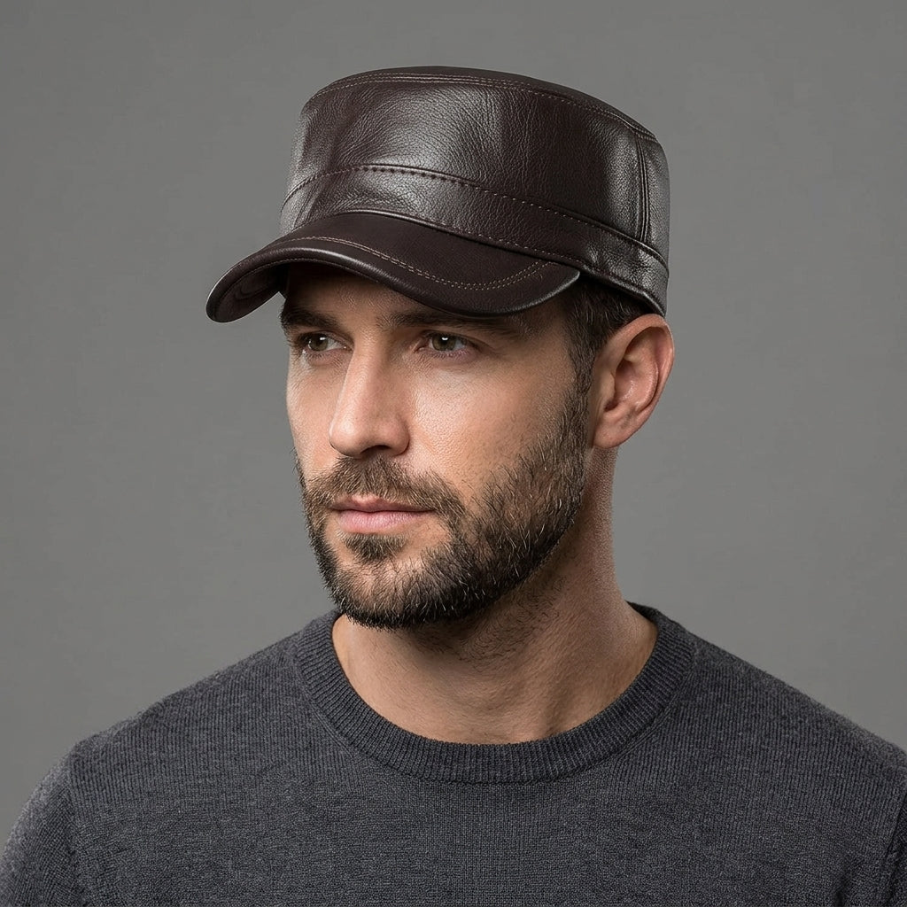 Men's Brown Genuine Leather Winter Beret Hat