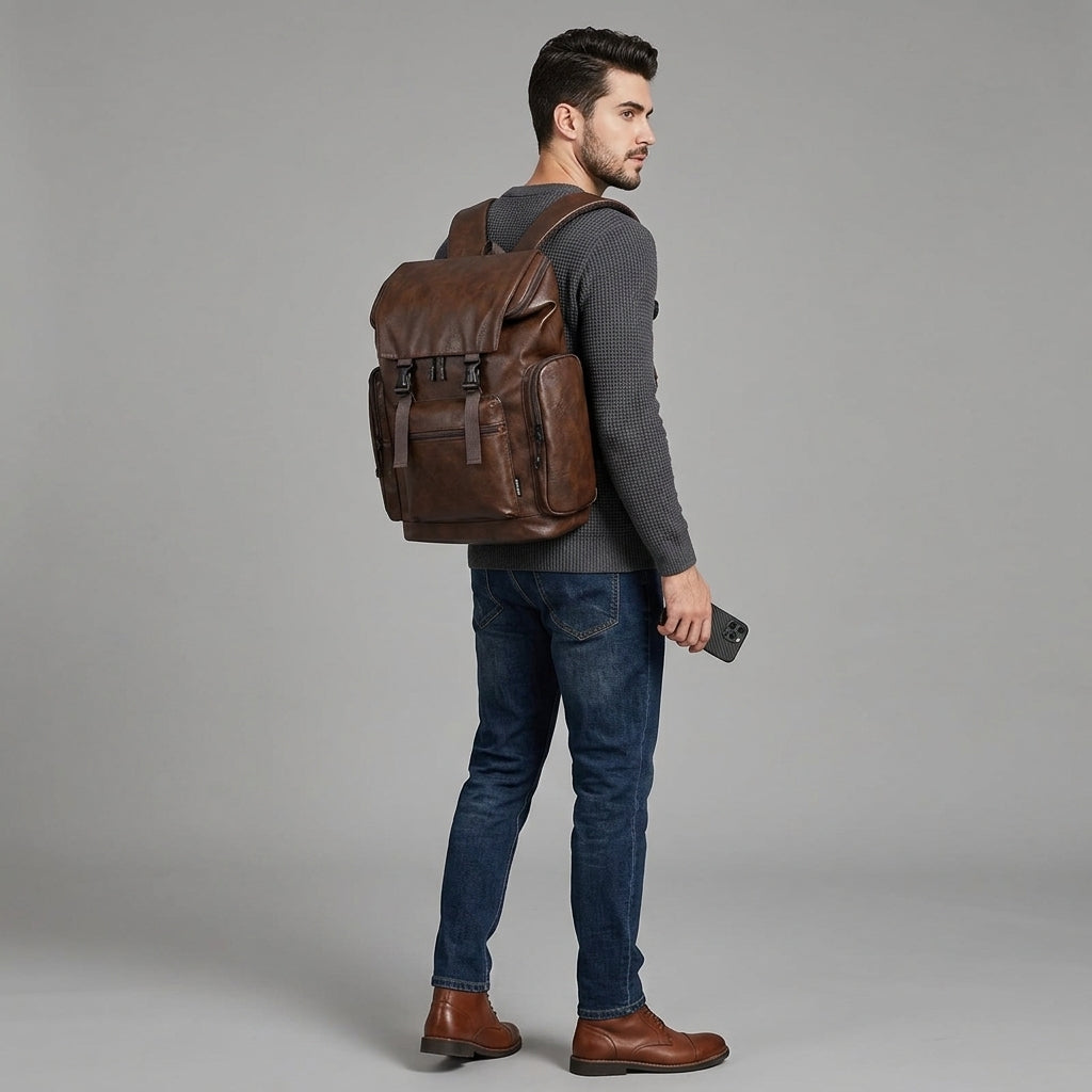 Chocolate Brown Walker Cow Leather Backpack - Leather Outlet