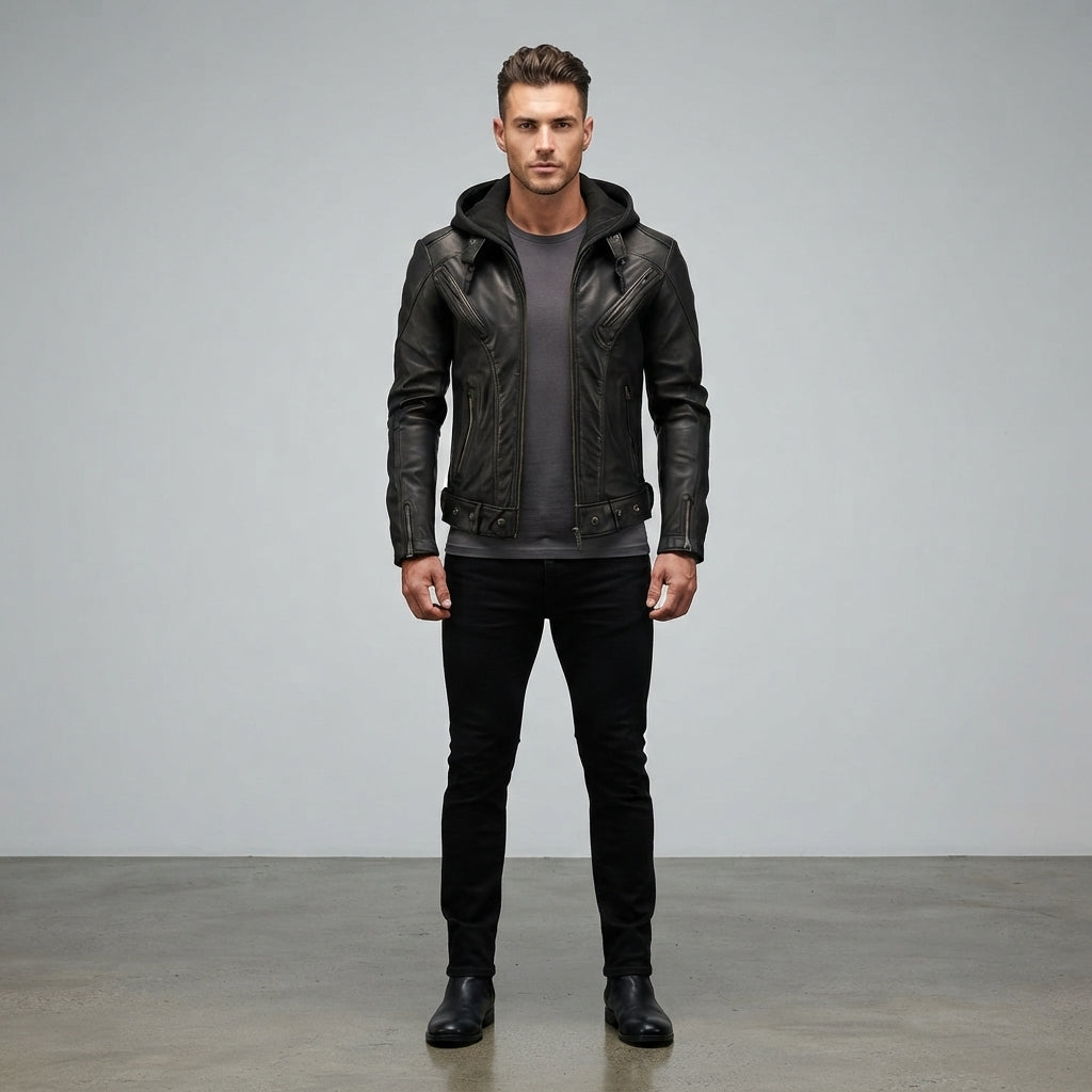 Men's Black Hooded Leather Jacket