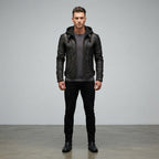 Men's Brown Leather Hooded Jacket
