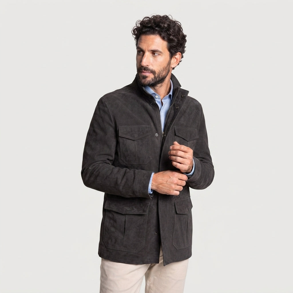 Dark charcoal or graphite-colored suede field jacket