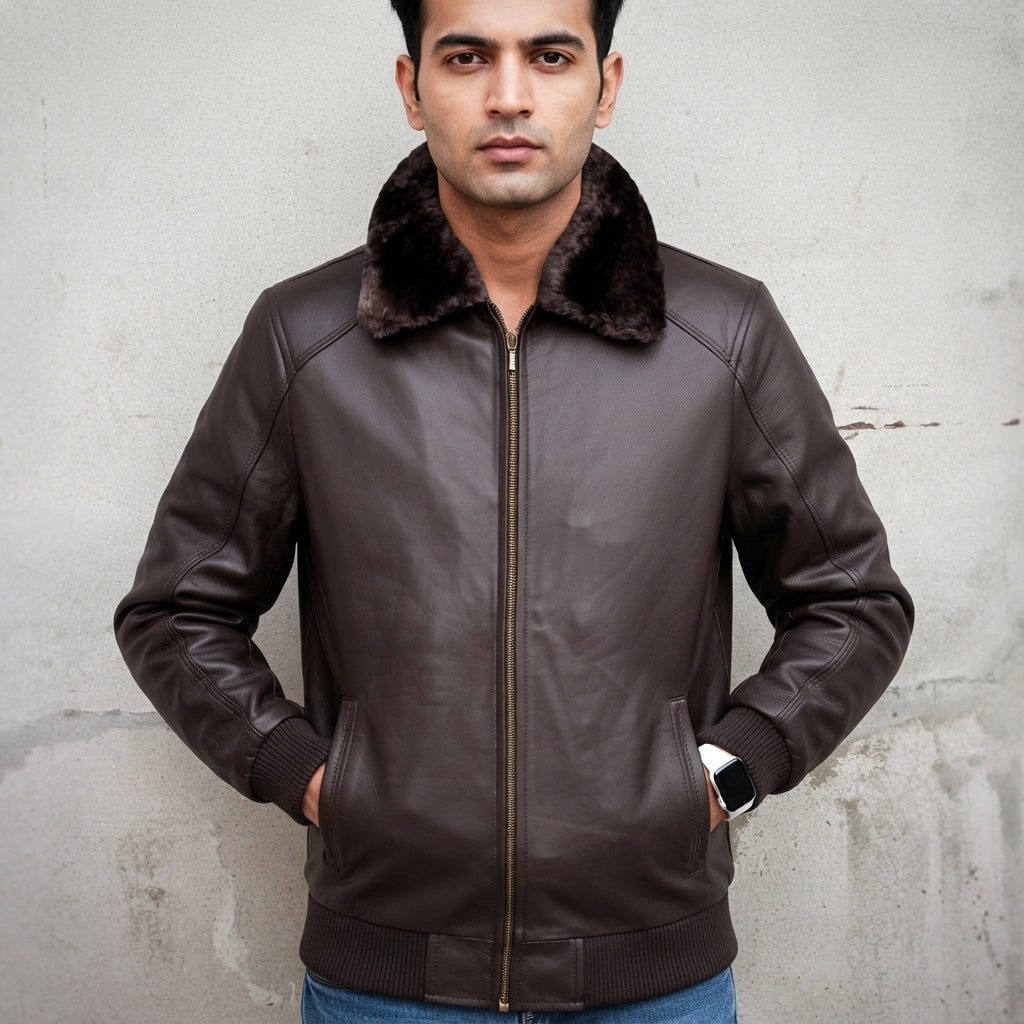 Men's Brown Leather Fur Jacket - Leather Outlet