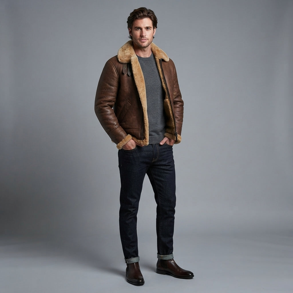 Men's Brown Leather  Jacket with fur