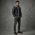Men's Black Leather  Jacket with grey fur