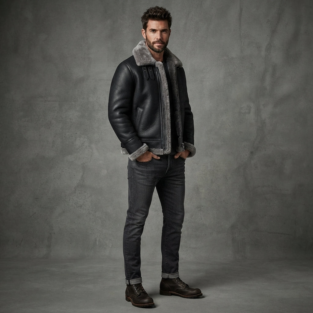 Men's Black Leather Jacket with Grey Fur - Leather Outlet
