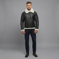 Men's Black Leather  Jacket with White fur
