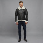 Men's Black Leather  Jacket with White fur