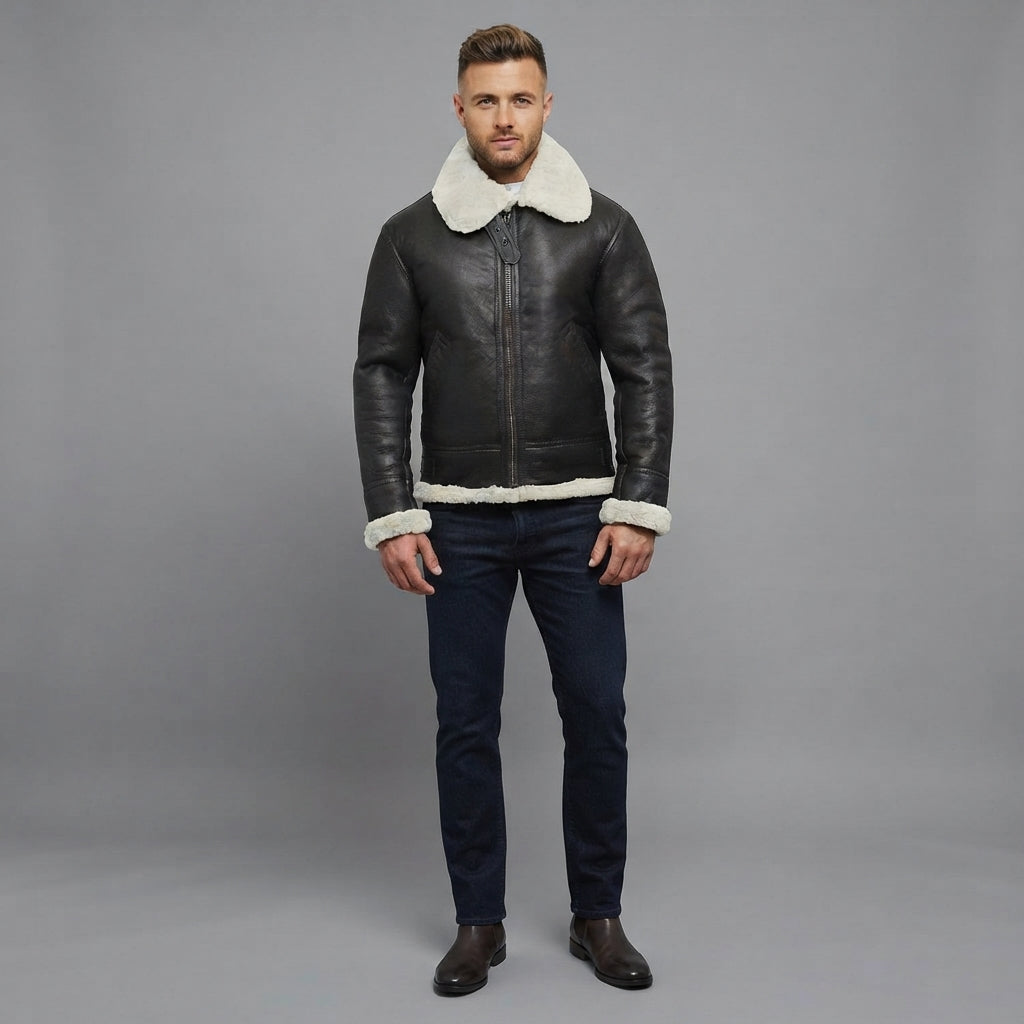 Men's Black Leather  Jacket with White fur