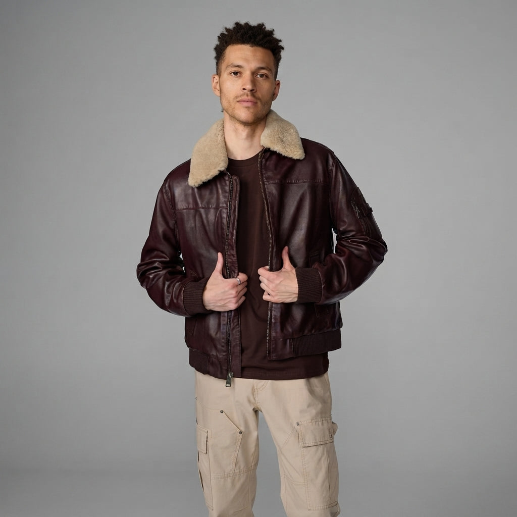 Men's Fur Lined Aviator Leather Bomber Jacket - Leather Outlet