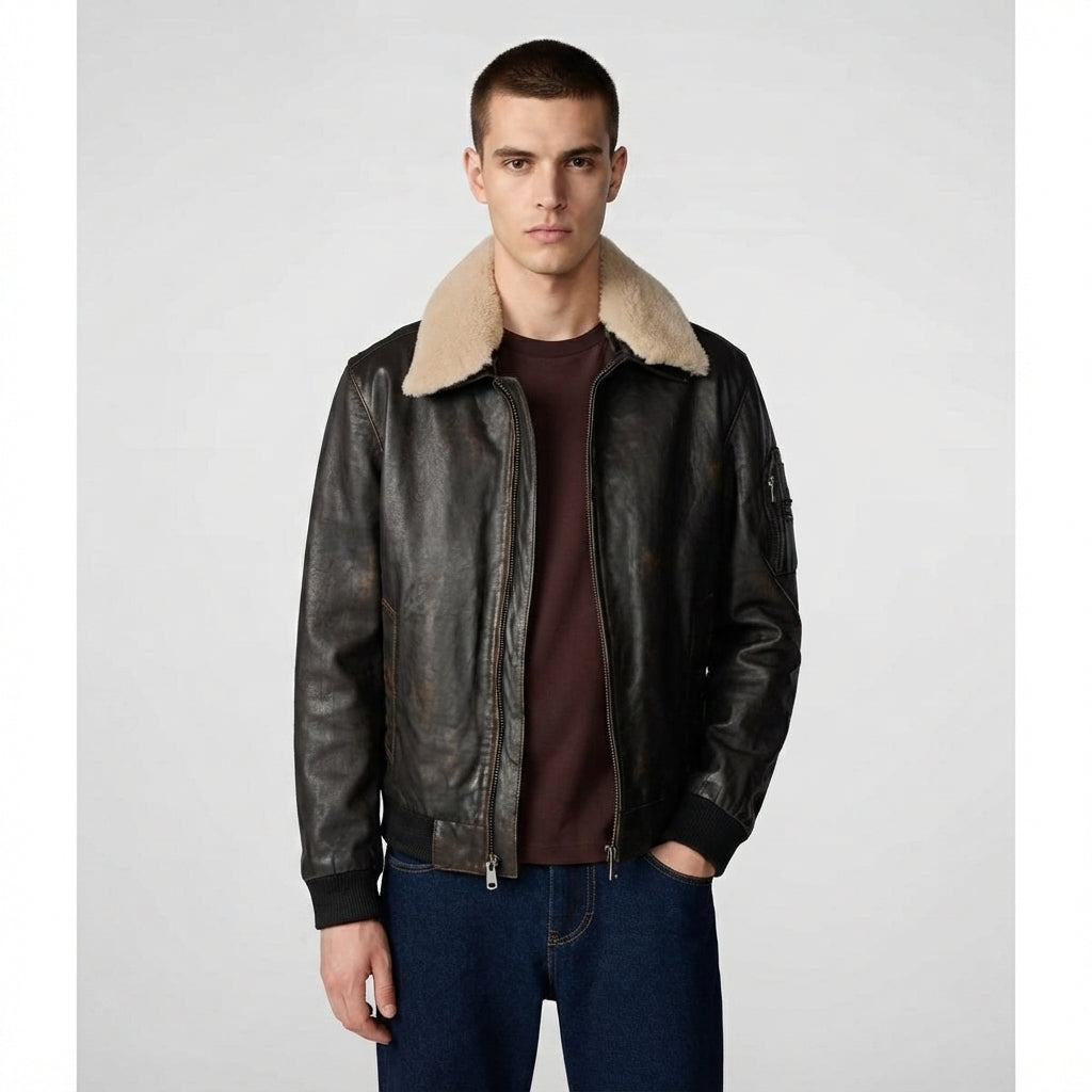 Men's Black Leather Jacket with Skin Fur Collar - Leather Outlet