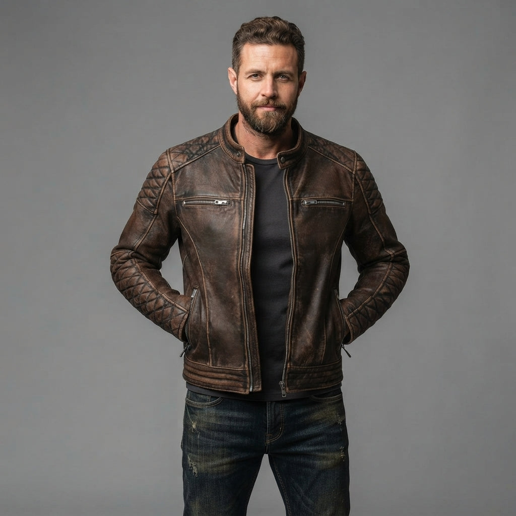 Men's Dark Brown Cafe Racer Leather Jacket - Leather Outlet
