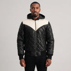Buy Black-White Hooded Bomber Leather Puffer Jacket