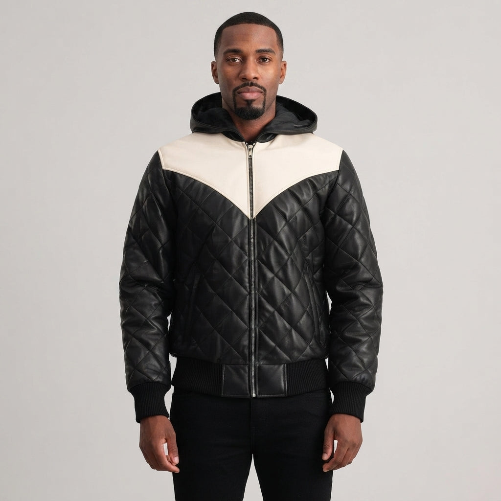 Men's Black & White Down Leather Jacket