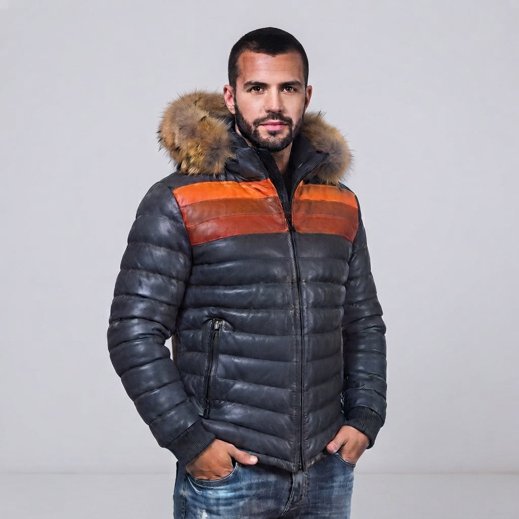 Goose Down Leather Bomber for Men