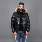 Men's Black & Skin Down Leather Jacket