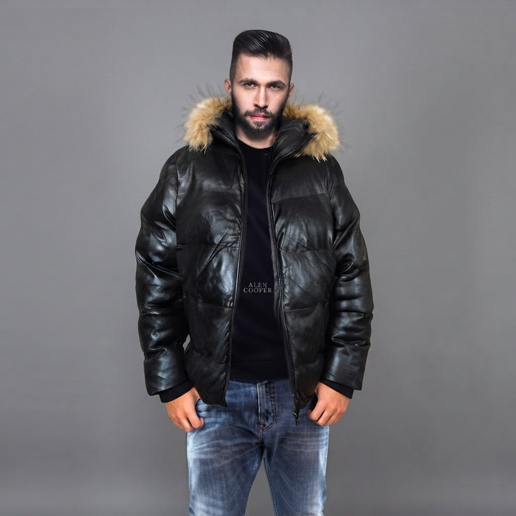 Men's Goose Down Leather Bomber Jacket