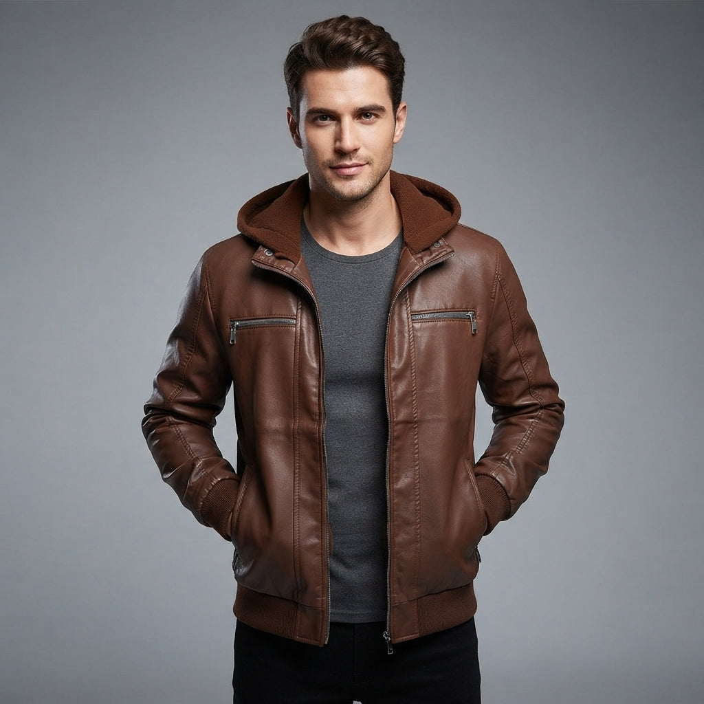Men's Caramel Brown Leather Hooded Jacket - Leather Outlet