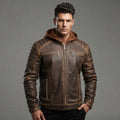 Men's Voguish Brown Detachable Hooded Leather Jacket