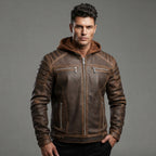 Men's Voguish Brown Detachable Hooded Leather Jacket
